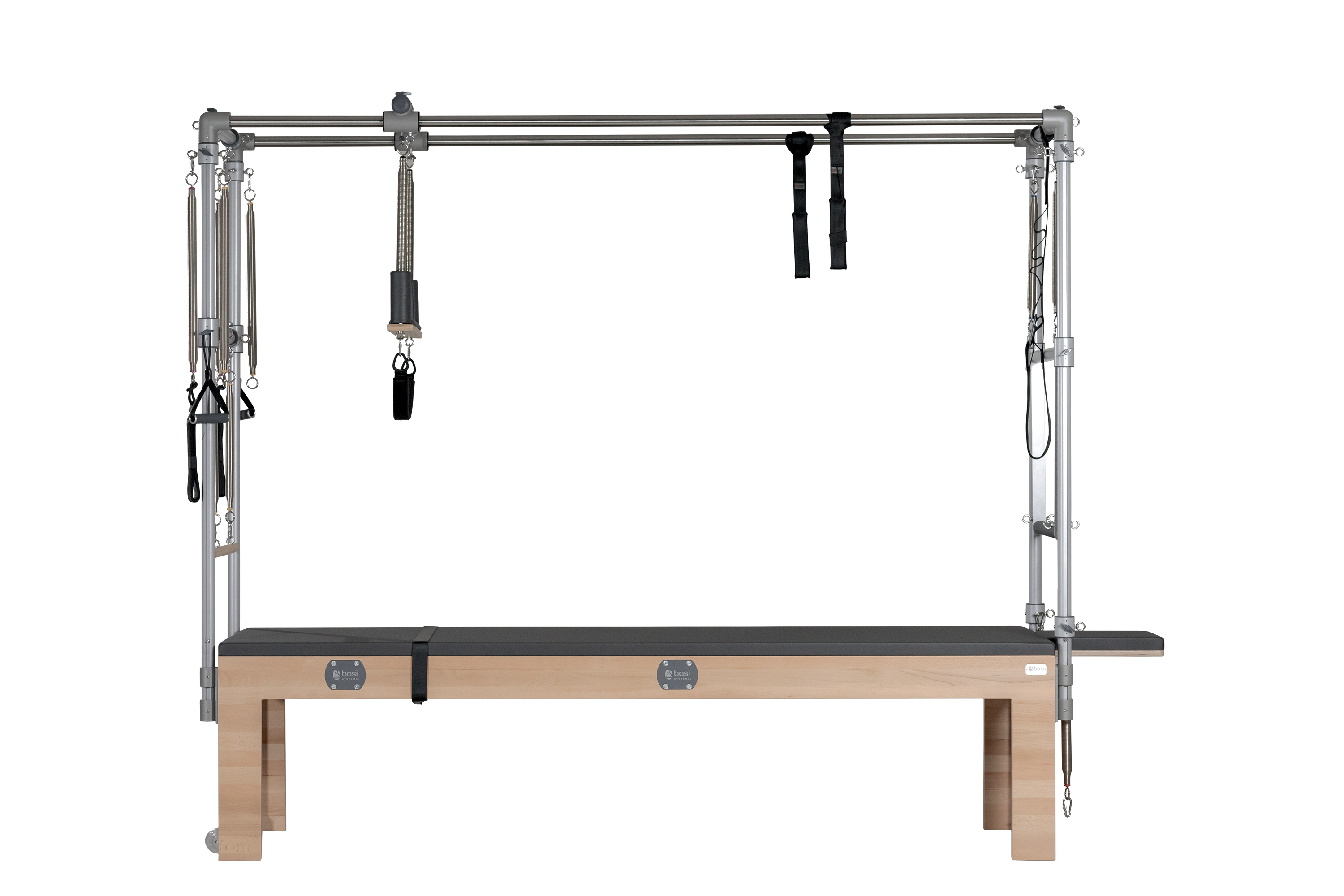 BASI Trapeze Table (Cadillac): bàn 242 × 70 cm, khung bốn cột cao 221 cm với xích đu và thanh đẩy xuyên