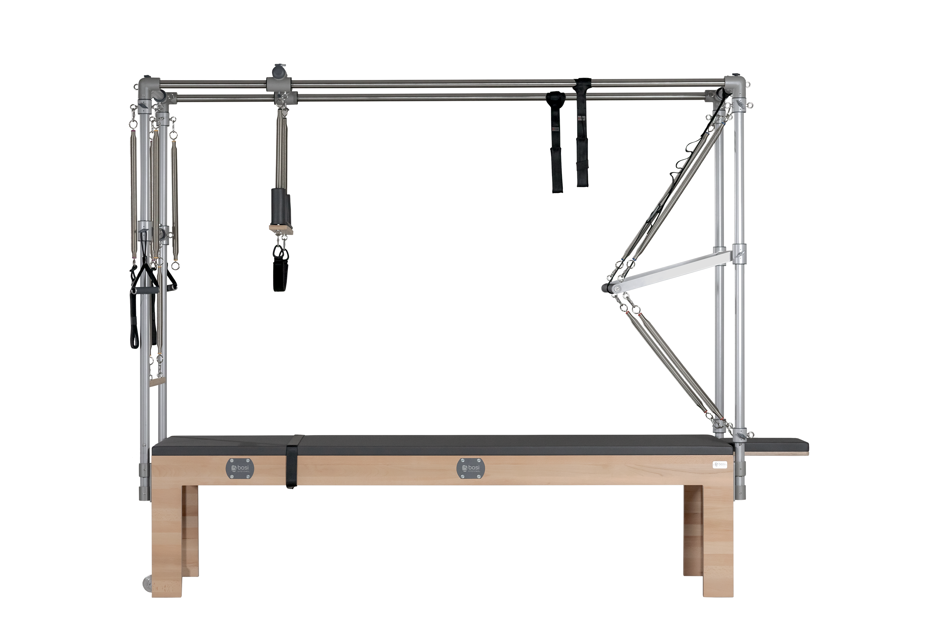 BASI Trapeze Table (Cadillac): mặt bàn cao 59 cm, khung bốn cột với thanh đẩy xuyên và lò xo tay/chân